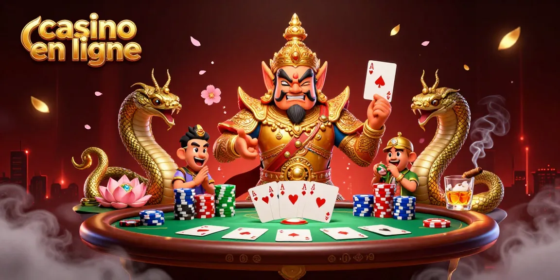 Jouez au casino en ligne avec des gardiens de temple thaïlandais et des jetons de poker étincelants.