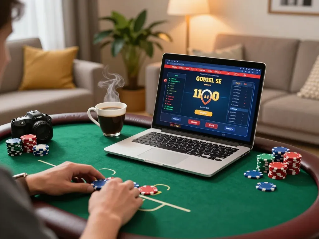 Engaging in a poker game on 98win in a cozy home setting with chips and a laptop displayed.