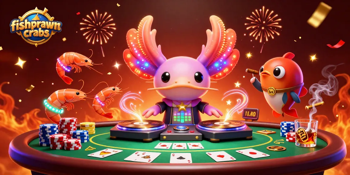 Engage with fishprawncrabs at this vibrant underwater casino scene featuring a lively axolotl DJ.