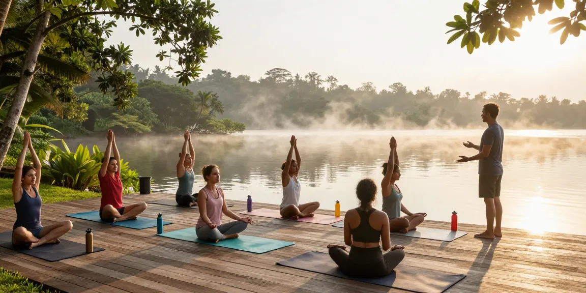 Students engaged in yoga teacher training sri lanka at lakeside with serene sunrise.