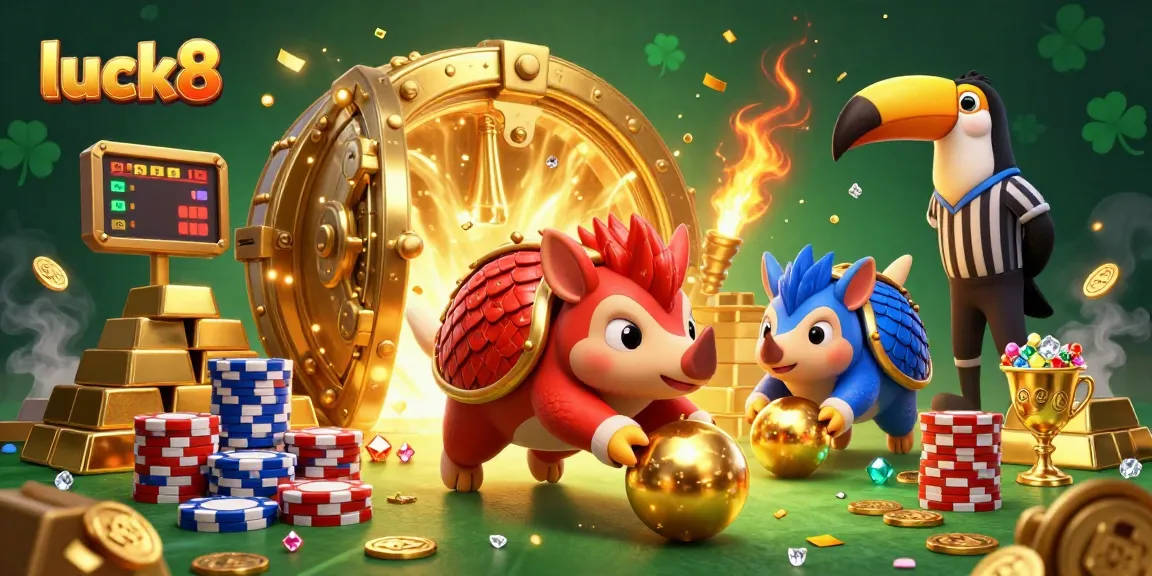 Experience excitement with luck8 as rival pangolins roll golden balls through poker chips in a vibrant casino scene.