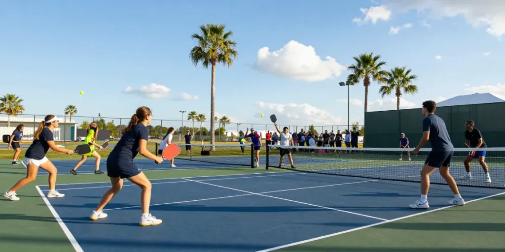 Action-packed pickleball game showcasing the best pickleball paddles in use by diverse players.