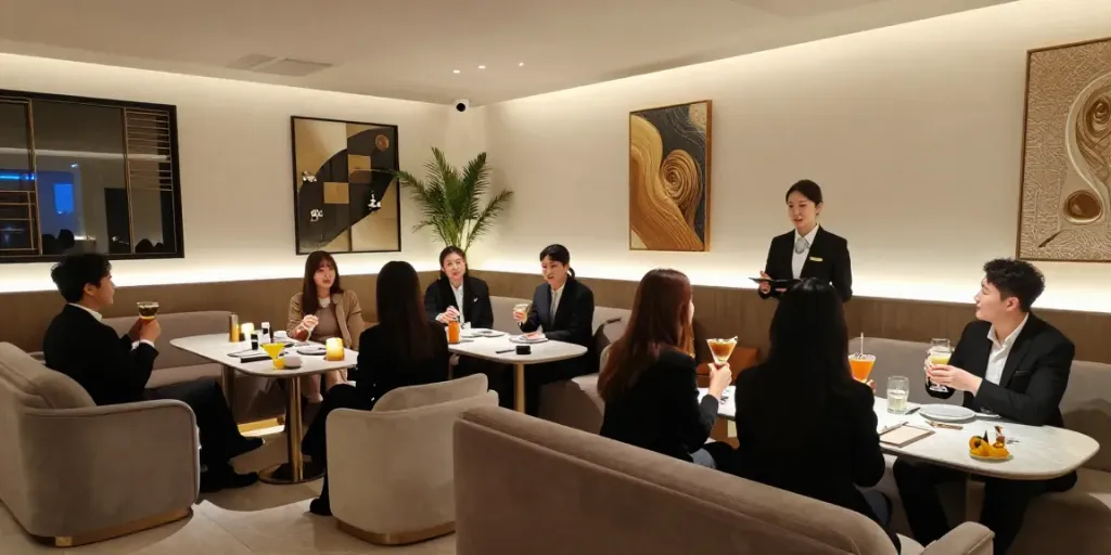강남 타이밍 고급 쩜오 공간에서 손님들과 마담이 대화하는 모습