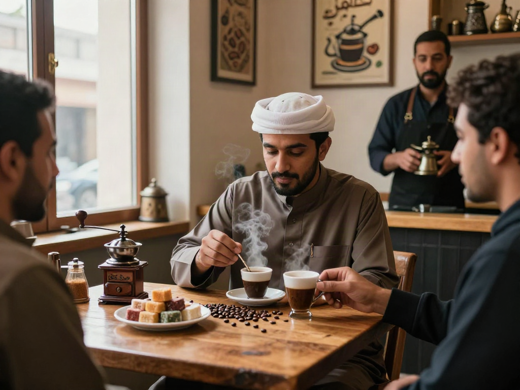 تجربة شاي صبابین في مقهى دافئ مع فنجان قهوة وأجواء تقليدية.