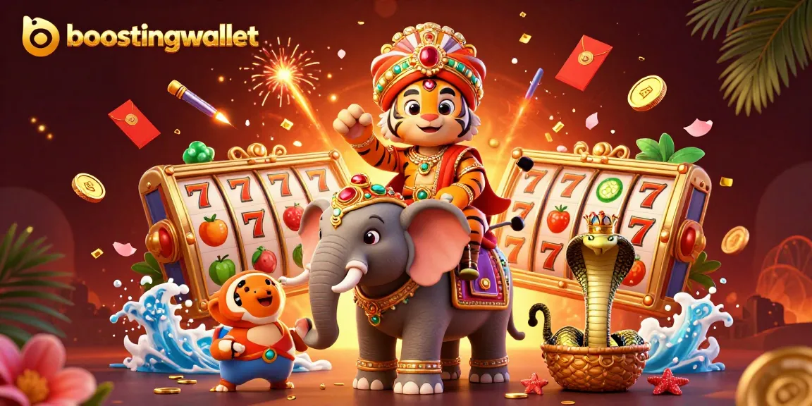 Boostingwallet features a vibrant 3D illustration showcasing a tiger maharaja with online casino elements.