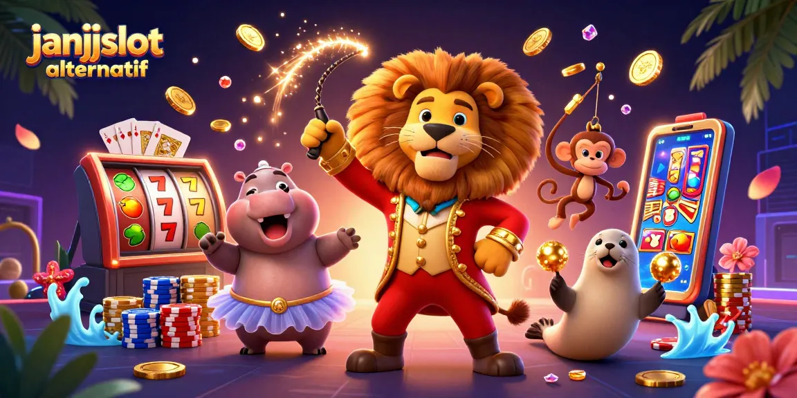 Experience janjislot alternatif thrills with a vibrant 3D circus-themed casino illustration packed with dynamic game elements.