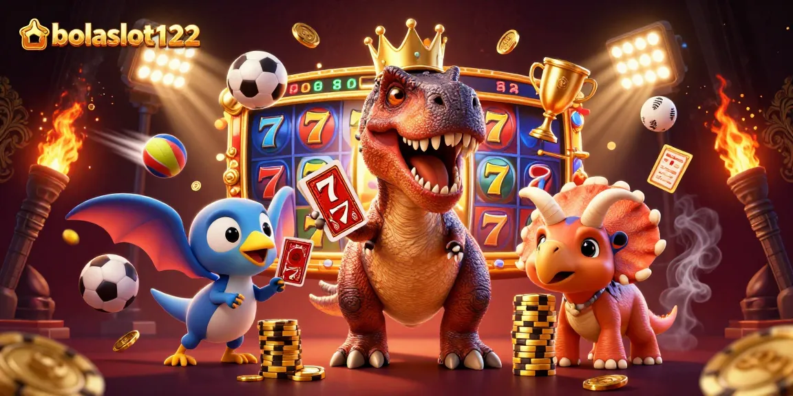 Play slots with bolaslot122 as cartoon dinosaurs engage in card games and stack chips.