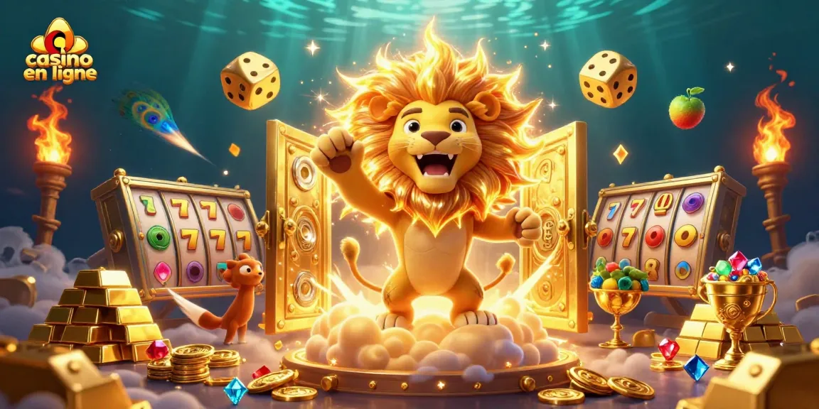 Entrez dans le monde du casino en ligne avec ce lion solaire, des dés dorés et des rouleaux de machines à sous.
