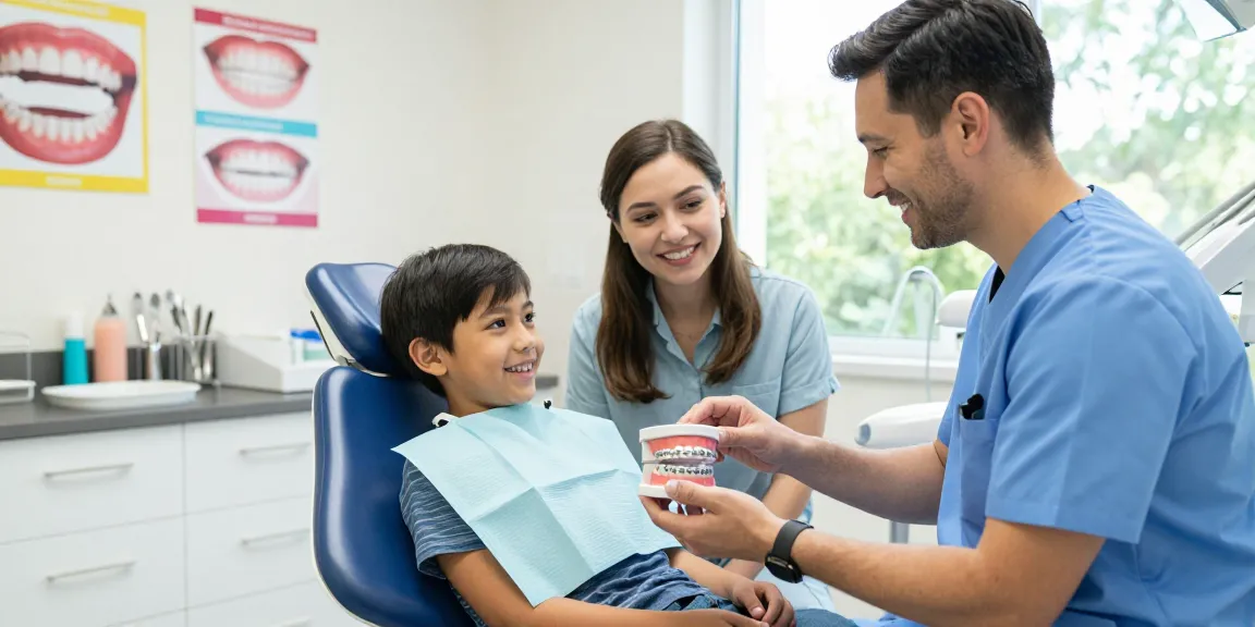 Child in orthodontic office learning about metal braces from a friendly orthodontist.