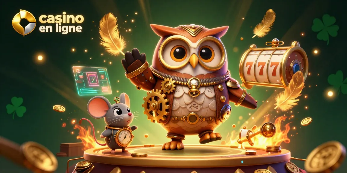 Profitez du casino en ligne avec un hibou steampunk et des éléments de jeu alléchants.