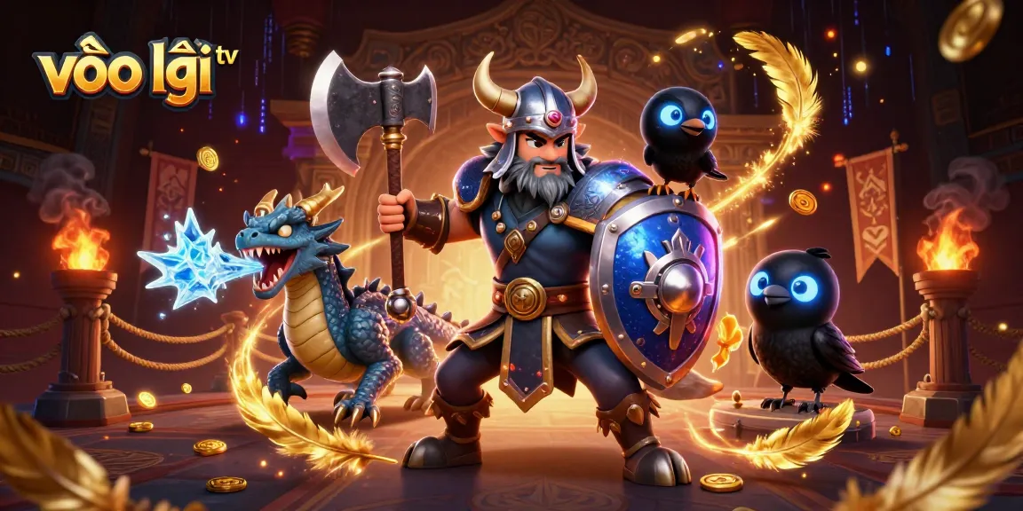 Engaging illustration of vào lưới tv featuring a Viking wolf hero, fierce dragon, and glowing raven.