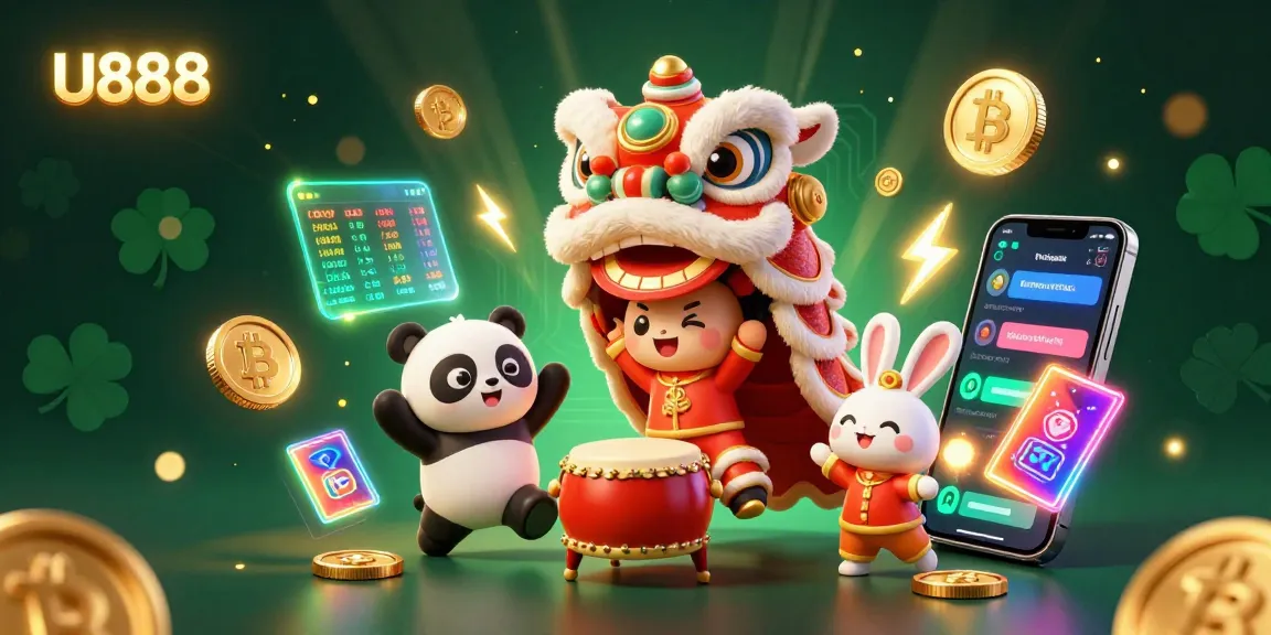 Experience the vibrant U888 online casino culture with a festive lion dance, Bitcoin, and Ethereum coins.