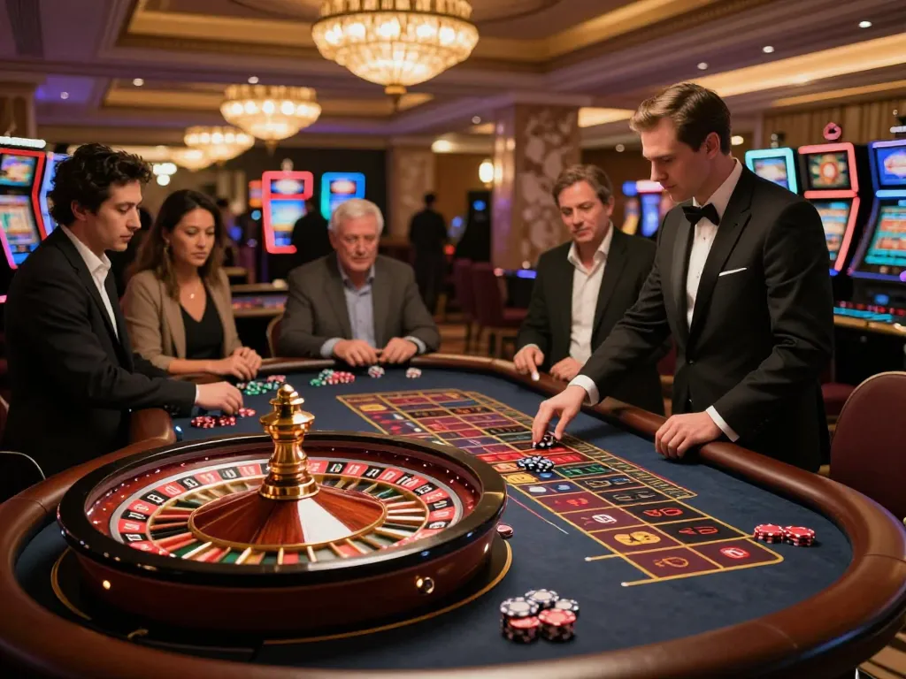 Engaging players at the FC88 roulette table spin for winnings amidst a vibrant casino atmosphere.