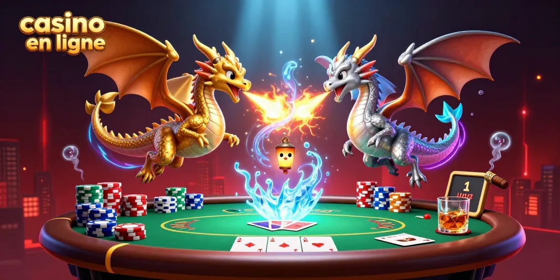 Une scène captivante avec des dragons en 3D entourés d'éléments de casino en ligne.