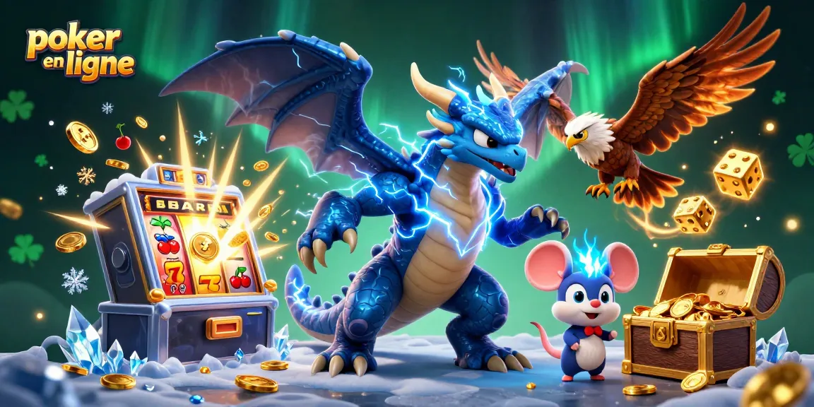 Plongez dans l'expérience de poker en ligne avec un dragon et un aigle dynamique, entourés de machines à sous et de trésors.