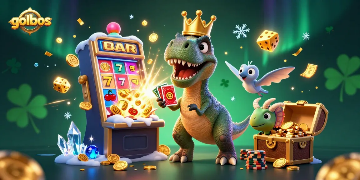 Experience thrilling wins at golbos with vibrant slots and playful cartoon characters in a dynamic casino scene.