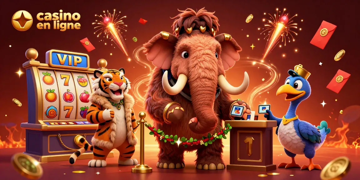 Illustration dynamique de casino en ligne avec un mammouth et un tigre, entourés de jeux de machines à sous.