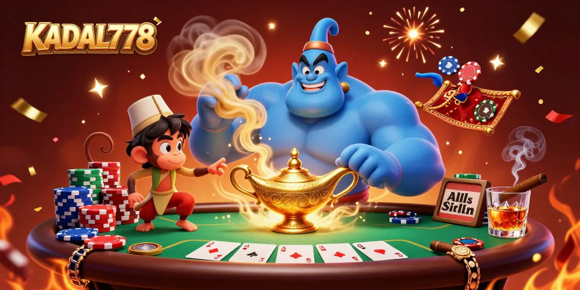KADAL778 offers a vibrant casino experience with a muscular genie, poker chips, and cards.