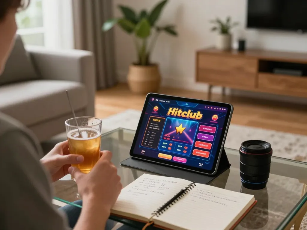 Person playing on the Hitclub casino app in a cozy home setting, showcasing strategic gaming vibes.