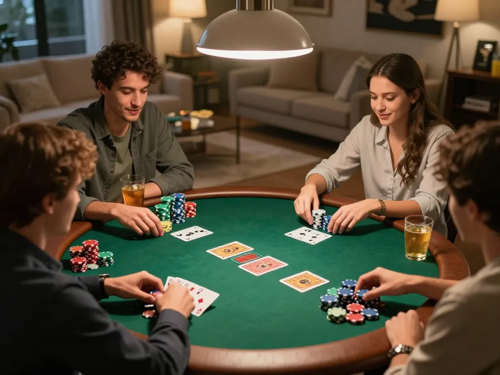 cm88 players enjoy a friendly poker game around a stylish home table with vibrant chips.