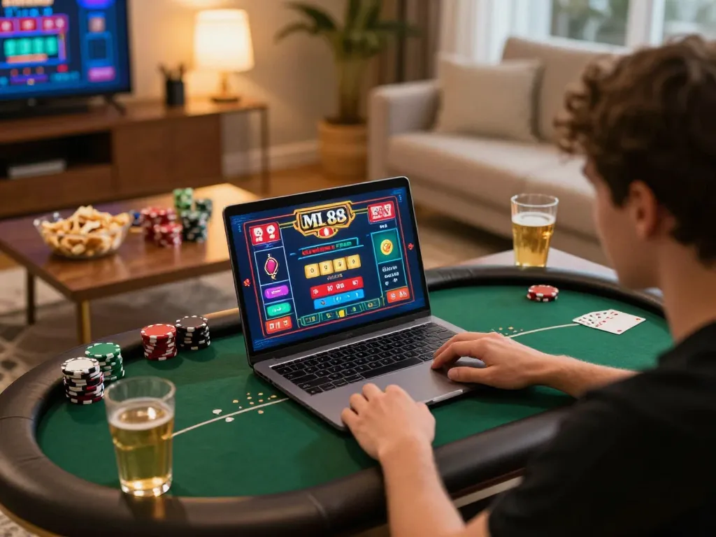 MM88 online gaming experience with a player engaged in a poker match on a laptop and cozy home setup.
