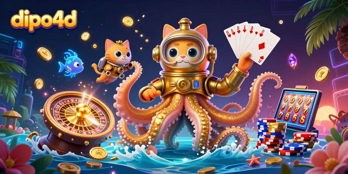 dipo4d thrilling gaming scene with a kraken, a diving cat, and vibrant casino elements