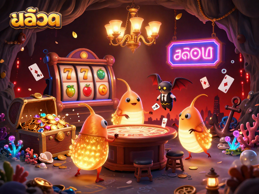 Play slot games with สล็อต, enhanced by glowing glowworms and exciting treasures at a vibrant cave casino.