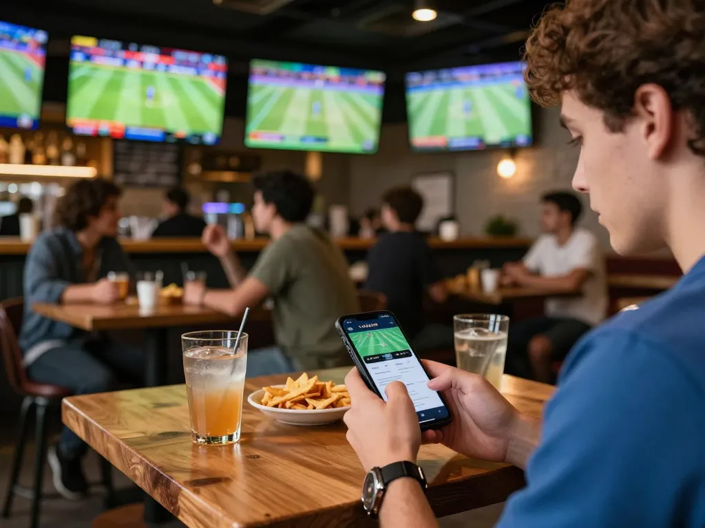 Engaging in sports betting using the vaobet app at a lively sports bar with friends.