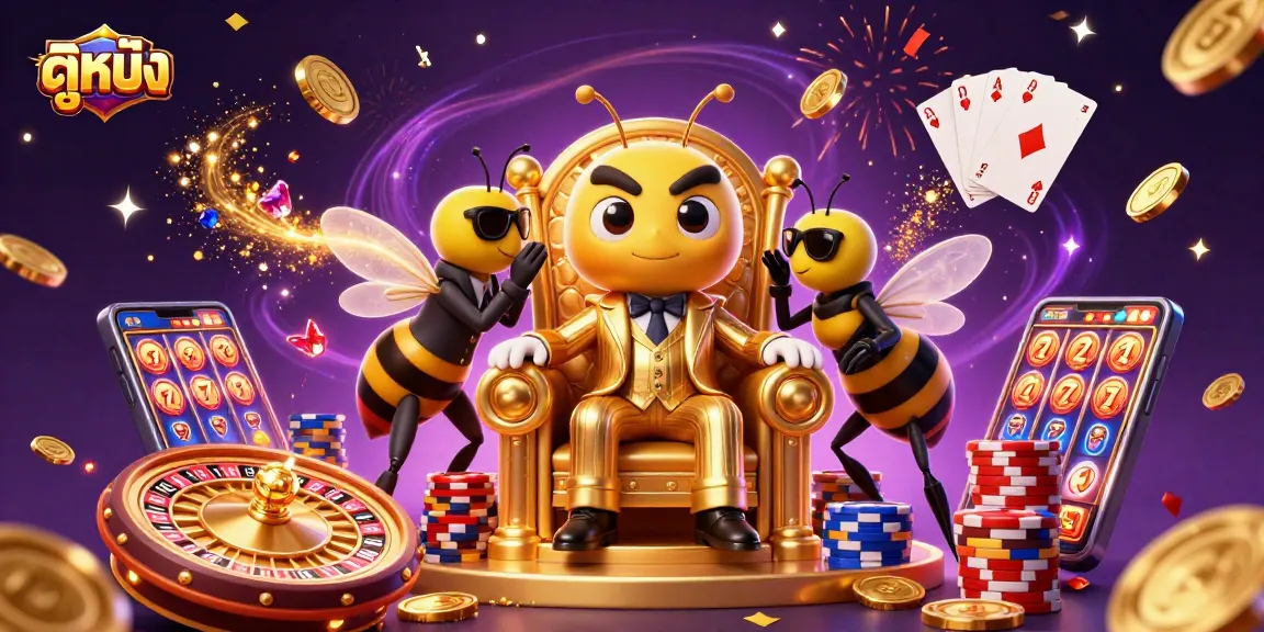 Engage in ดูหนัง with a vibrant casino scene featuring a bumblebee mob boss amidst golden coins and roulette wheels.