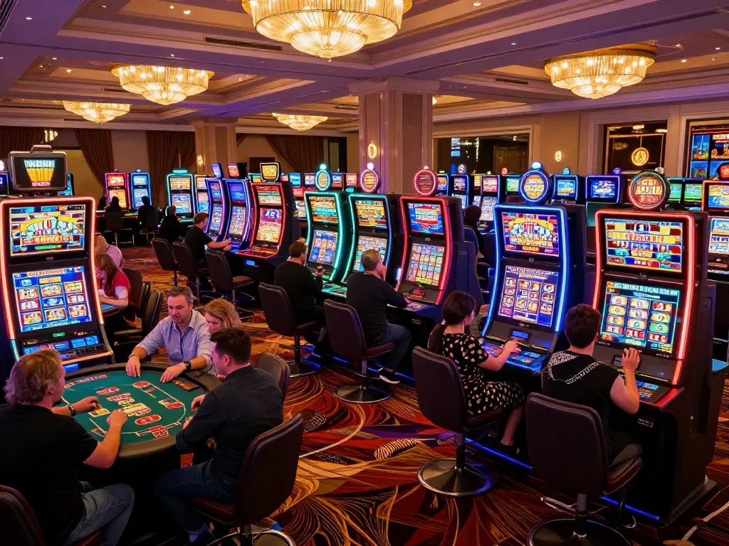 Players celebrating a win at vipwin slot machines in a vibrant casino atmosphere