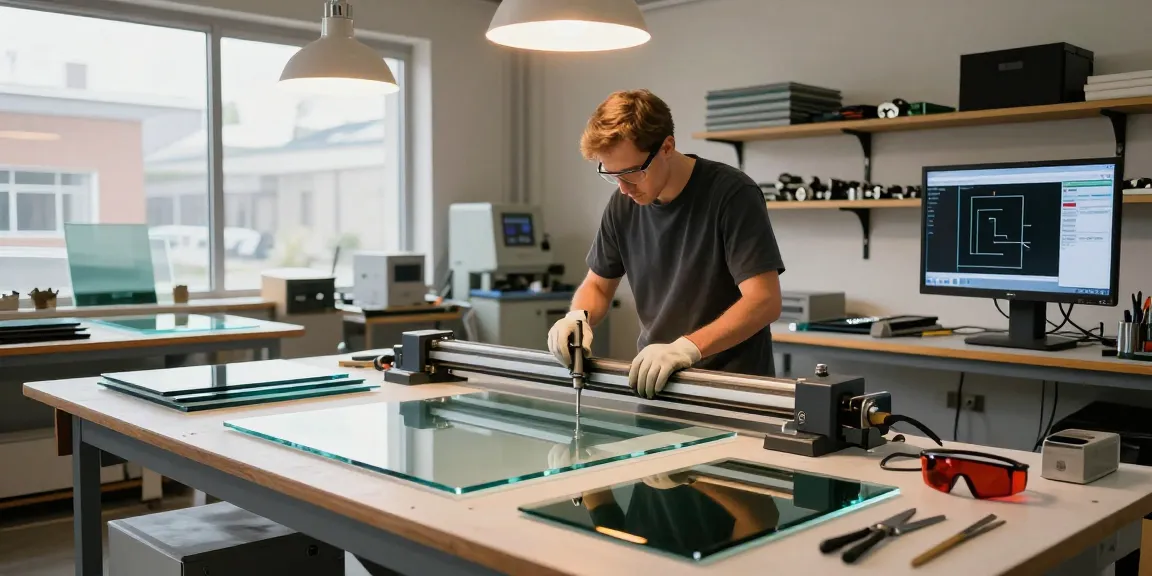 Technician using a glass cutting table in a modern workshop, surrounded by glass sheets and tools.