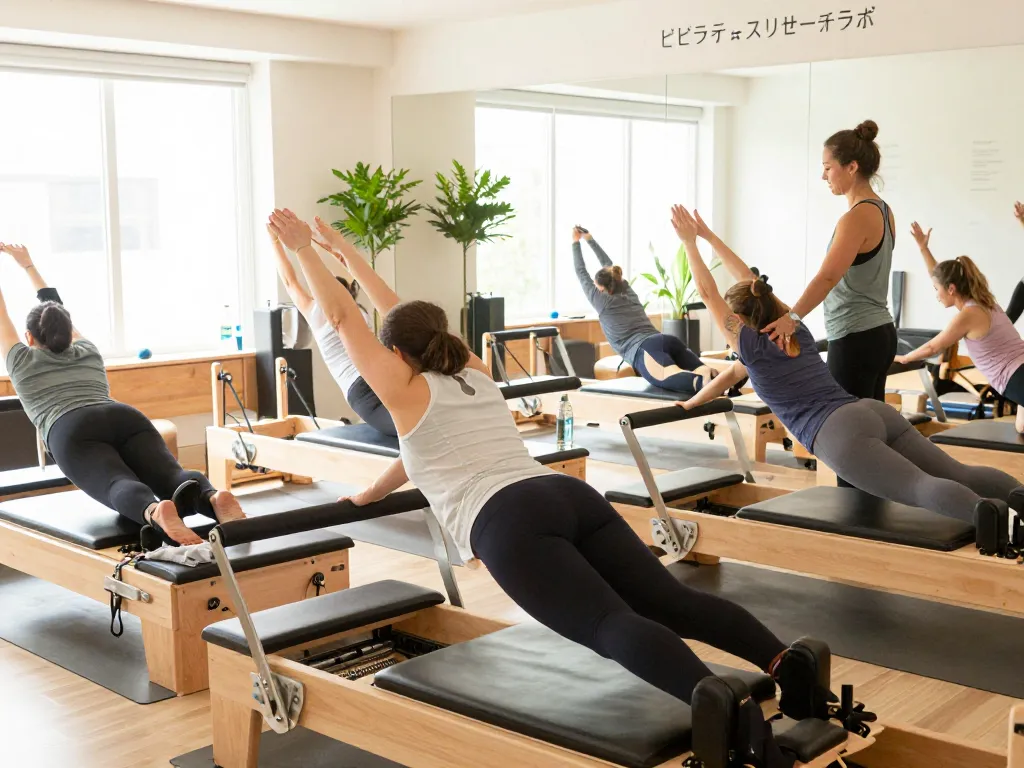 多様な参加者がリフォーマー機器でトレーニングし、インスピレーションを与えるインストラクターと共にいるピラティスリサーチラボでの充実したピラティスクラス。