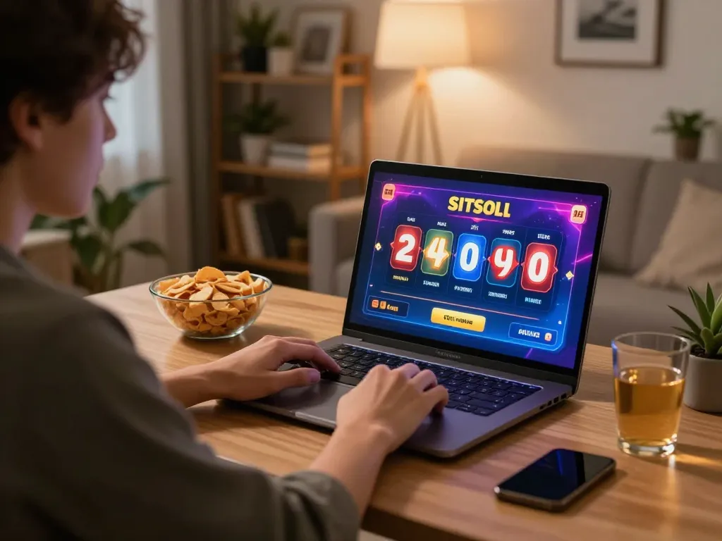 Engaging with situs slot online gaming on a laptop in a stylish home office.