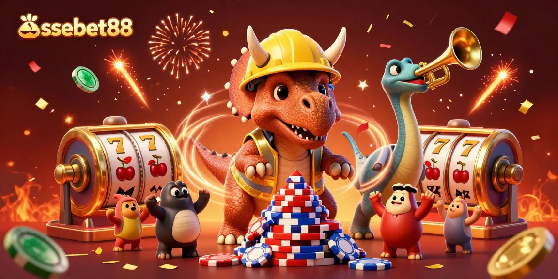Experience the excitement of essebet88 with a 3D illustration of a triceratops building poker chips in a vibrant casino celebration.
