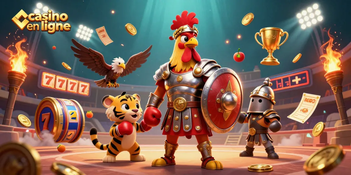 Expérimentez des jeux passionnants de casino en ligne avec un coq guerrier et un tigre cub dans une arène dynamique.
