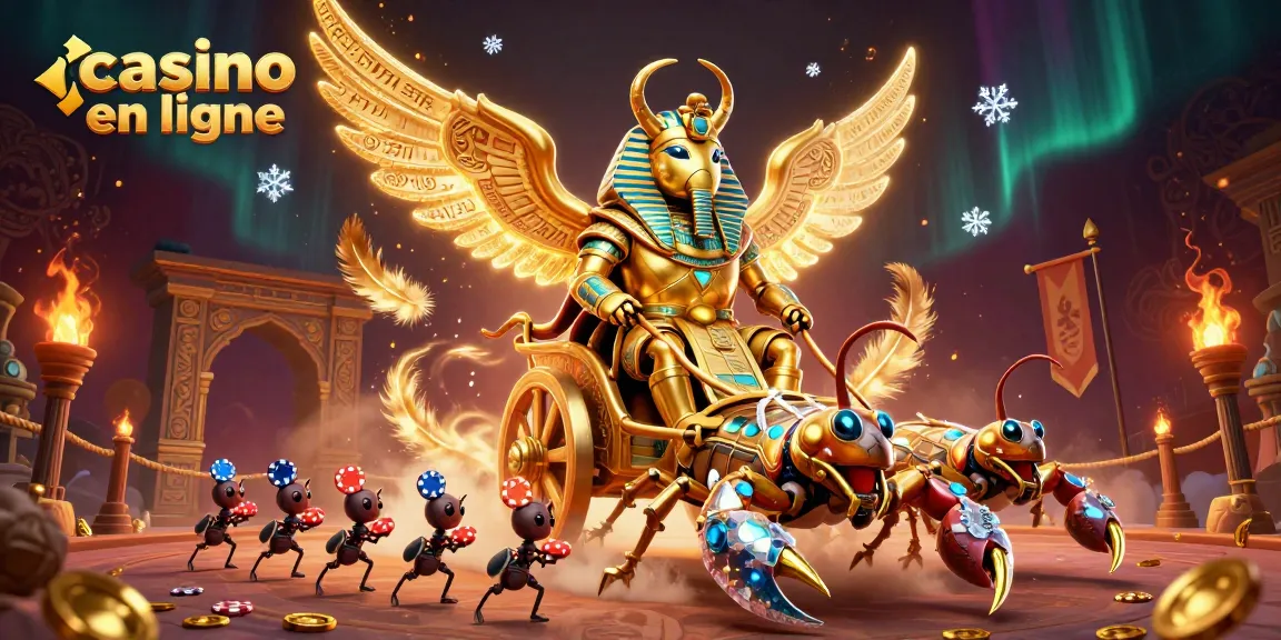 Illustration d'un scarabée en or dans un casino en ligne, entouré de jetons et de feux d'artifice.