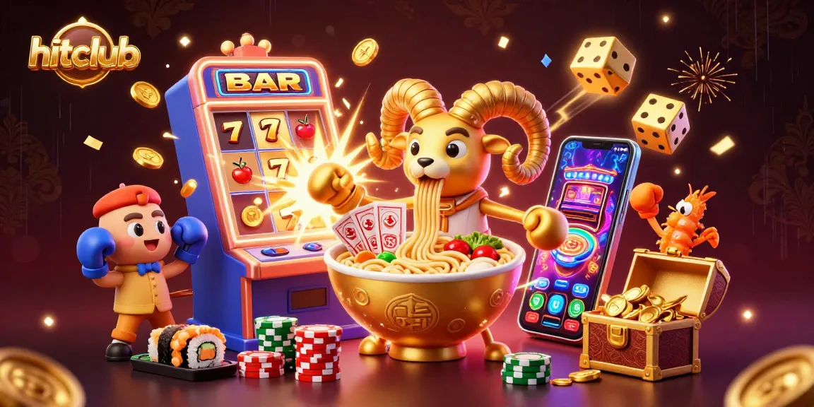 Hitclub players engaging with a vibrant casino scene bursting with colorful symbols and lively characters.