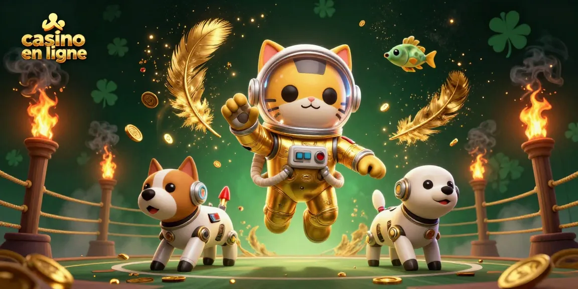 La scène captivante de casino en ligne avec un chat astronaute et un chien robot explorant des éléments de jeux d'argent.