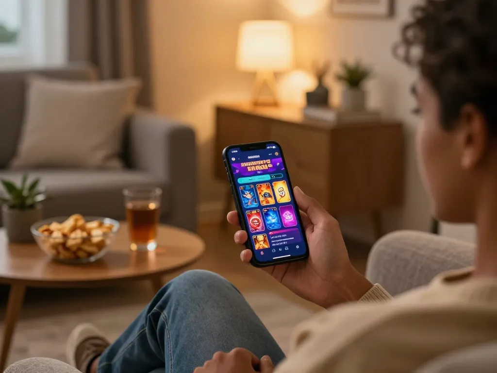 Player engaging with fabet mobile app for online gaming in a cozy atmosphere.