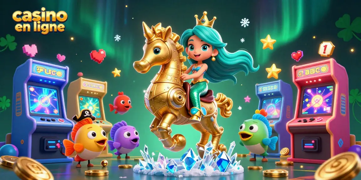 Vivez l'expérience du casino en ligne avec une illustration acrobatique d'une princesse sirène et son hippocampe doré.