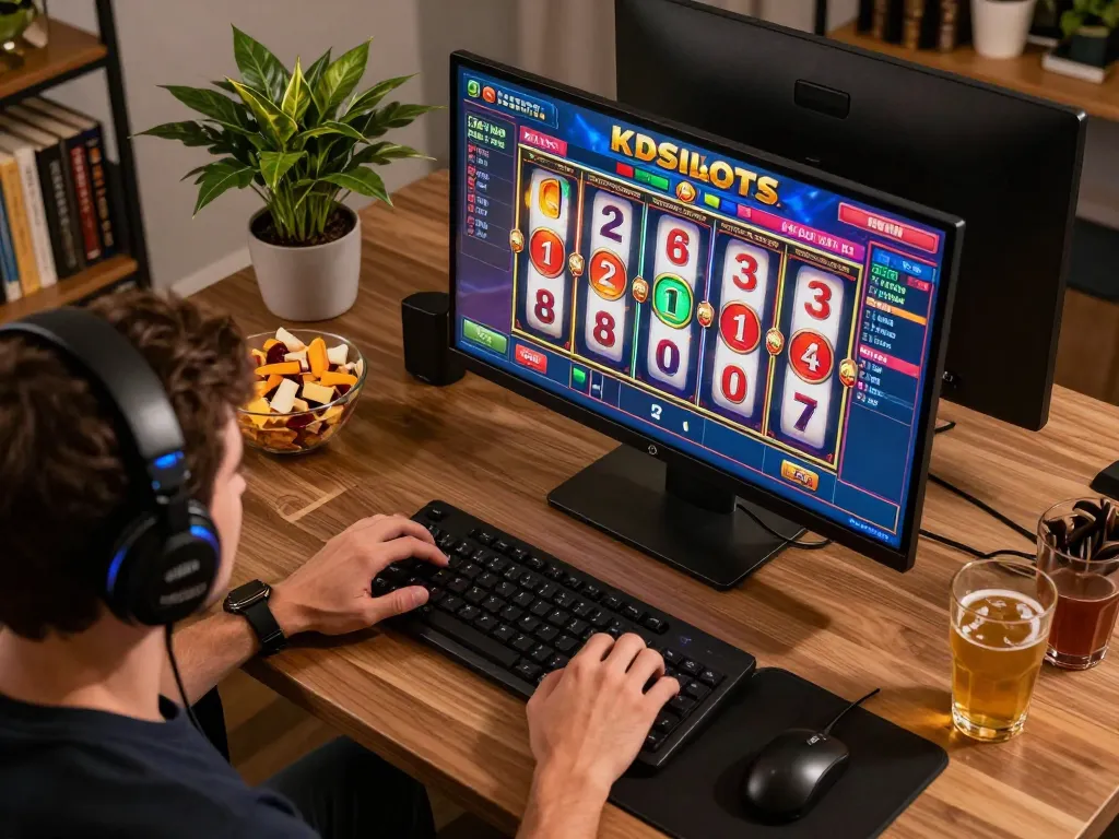 KDSlot player enjoying online casino action with vibrant game display and personal setup.