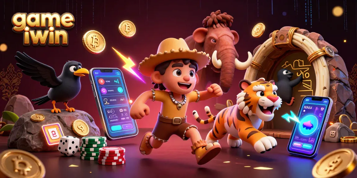 Engage with game iwin in this vibrant prehistoric casino scene featuring a caveman and tiger.