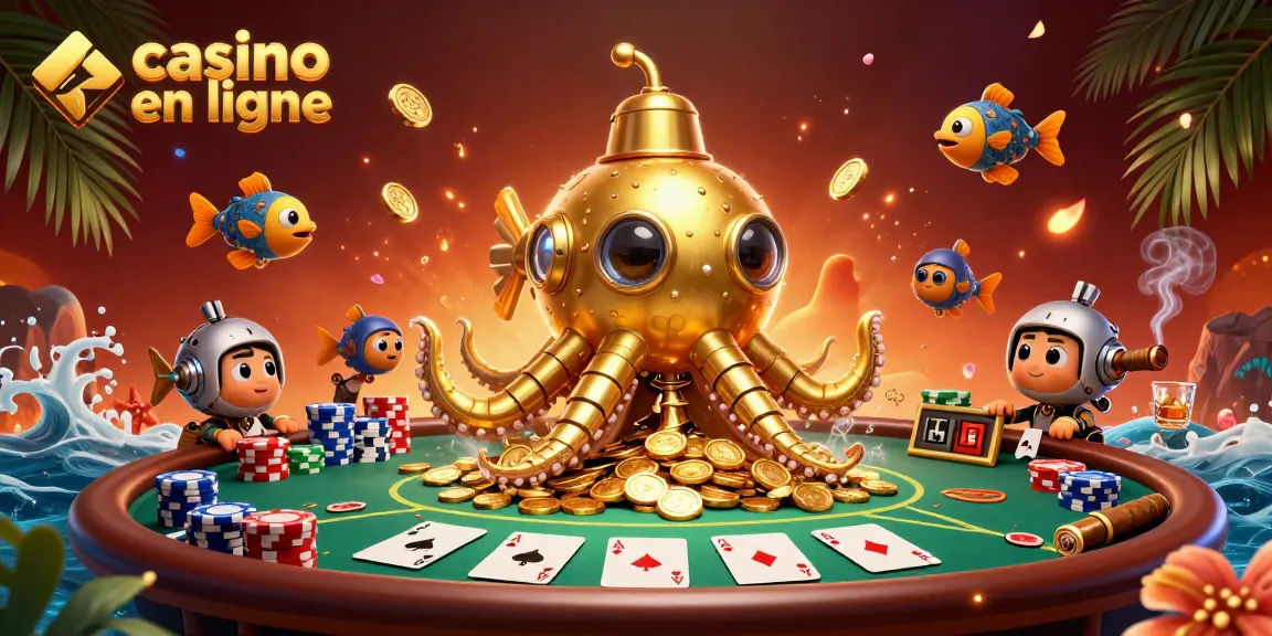 Illustration vibrante représentant un casino en ligne avec un kraken en or, des jetons de poker colorés, et une ambiance festive.