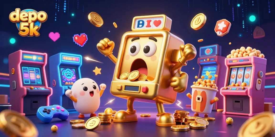Spin and win with depo 5k, showcasing a playful slot machine and bright arcade elements.