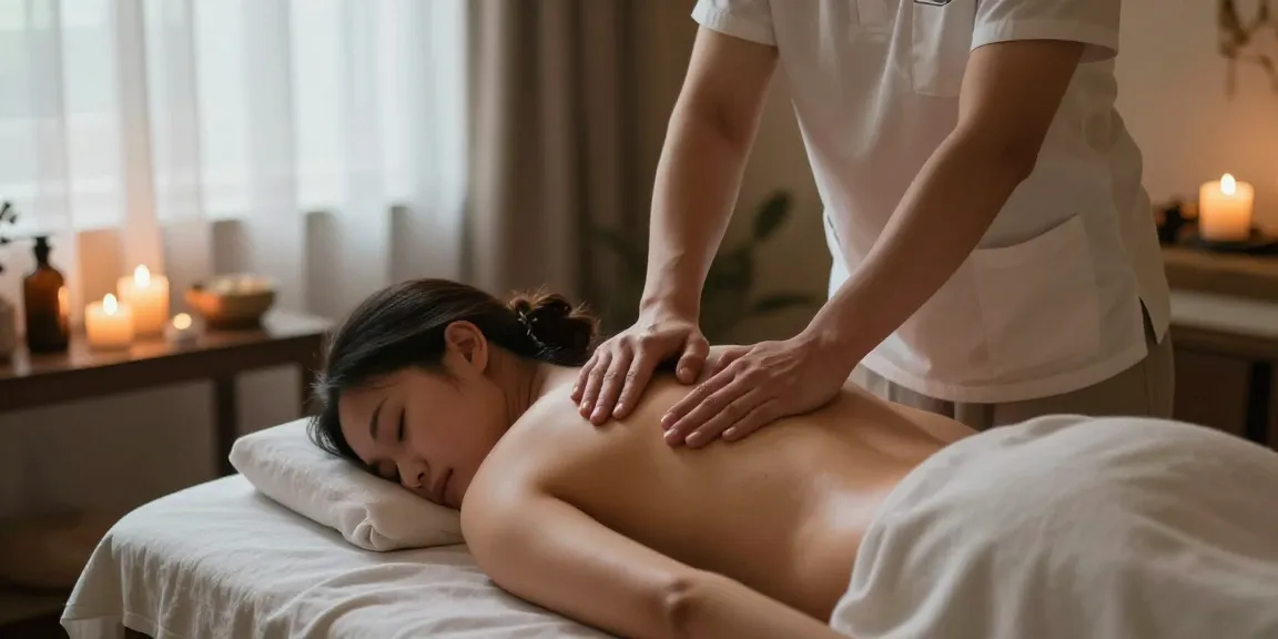 마사지 테라피스트가 고객을 위한 스웨디시 마사지를 수행하는 평화로운 마사지 스튜디오 이미지