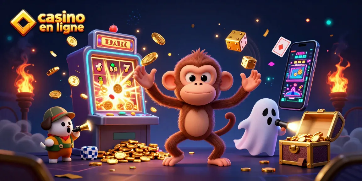 Les jeux de casino en ligne prennent vie avec un singe fantôme jonglant des pièces et des dés dans un décor captivant.