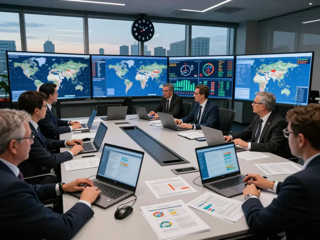 Analysts collaborating on International Crisis Watch in a dynamic crisis command center.