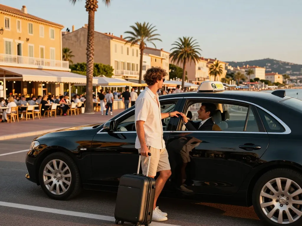 Scène de taxi à Saint-Tropez : Taxi de luxe avec chauffeur professionnel prêt pour un voyageur, cadre de plage époustouflant.