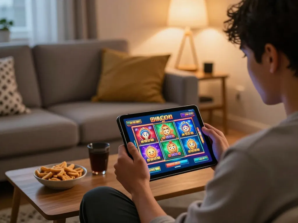 Bermain slot gacor di perangkat tablet yang nyaman, menyoroti kegembiraan dan strategi.