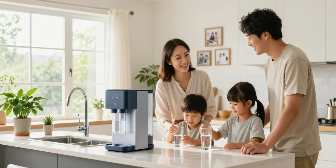 Zero Waste Water Filtration system in a modern kitchen with a family enjoying clean water.